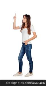 Casual girl pointing something isolated on a white background