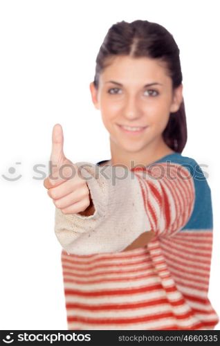 Casual girl saying Ok isolated on a white background. With focus on the finger