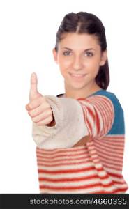 Casual girl saying Ok isolated on a white background. With focus on the finger