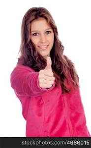 Casual girl saying Ok isolated on a white background with focus on the finger
