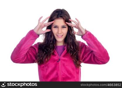 Casual girl trying to focus isolated on white background