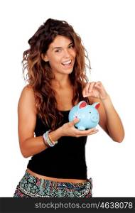 Casual girl with a blue piggy-bank isolated on a white background