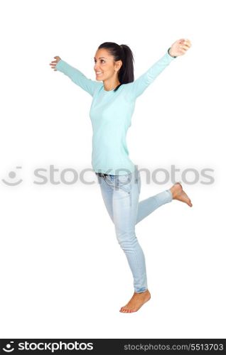 Casual Girl with Arms Wide Open Isolated on White