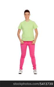 Casual girl with pink jeans isolated on a white background