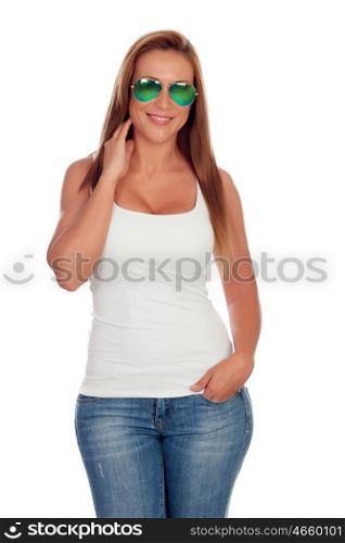 Casual girl with sunglasses and jeans isolated on a white background