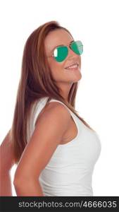 Casual girl with sunglasses isolated on a white background