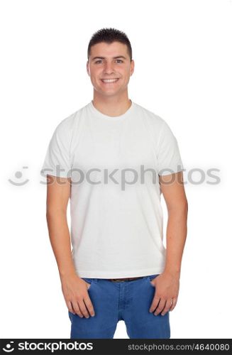 Casual guy smiling with blue eyes isolated on a white background