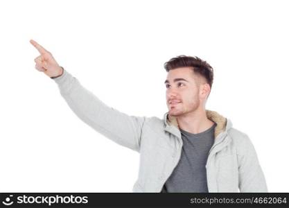 Casual handsome men pointing something isolated on a white background