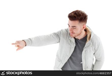 Casual handsome men pointing something isolated on a white background