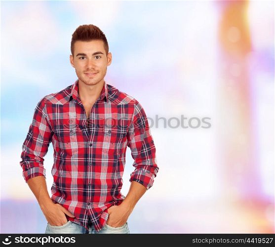 Casual handsome men with red plaid shirt on a unfocused background