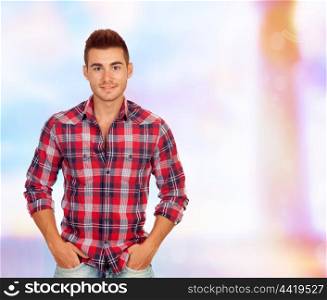 Casual handsome men with red plaid shirt on a unfocused background
