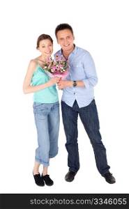 Casual happy loving couple posing together on white isolated background