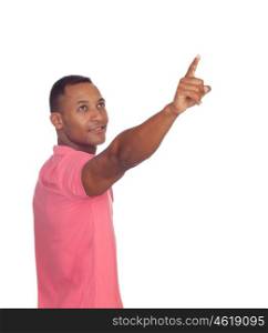 Casual latin man pointing something isolated on a white background