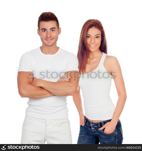 Casual male guy and pretty young woman isolated on a white background