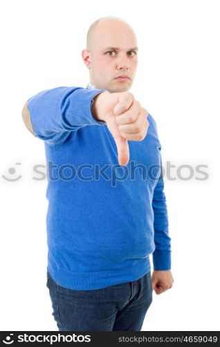Casual man giving thumbs down, isolated on white background
