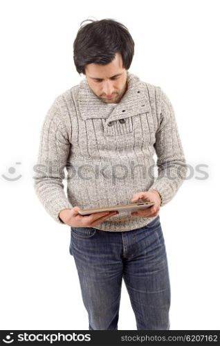 Casual man looking to his digital tablet, isolated on white background