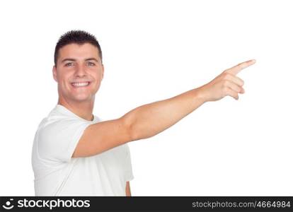 Casual man pointing something isolated on a white background