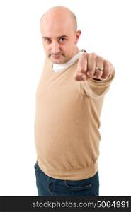 Casual man pointing up with his finger, isolated on white