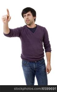 Casual man pointing up with his finger - isolated on white