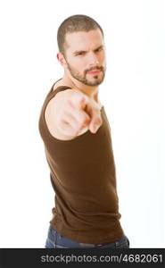 Casual man pointing with his finger, isolated on white