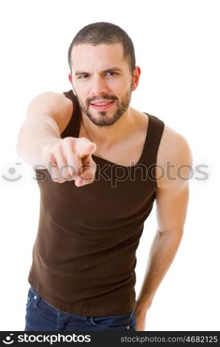 Casual man pointing with his finger, isolated on white