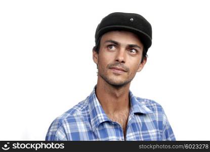 casual man portrait with hat in white background