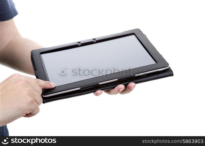 Casual man using touch pad, close up shot on tablet pc, isolated