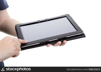 Casual man using touch pad, close up shot on tablet pc, isolated