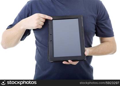 casual man using touch pad, close up shot on tablet pc, isolated
