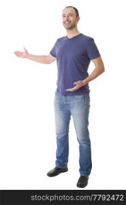 casual man with arm out in a showing gesture, isolated on white