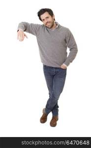 casual man with arm out in a showing gesture, isolated on white. casual man