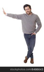 casual man with arm out in a showing gesture, isolated on white. gesture