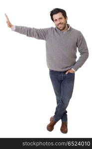 casual man with arm out in a showing gesture, isolated on white. gesture