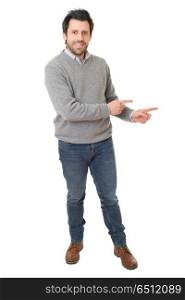 casual man with arm out in a welcoming gesture, isolated on white. welcoming gesture
