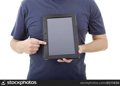 casual man working with a tablet pc, isolated
