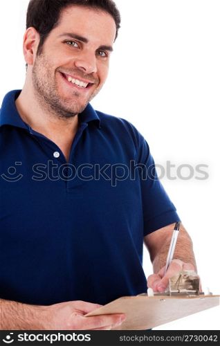 Casual man writting on a pad on a white background
