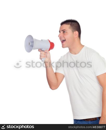 Casual men with a megaphone giving orders isolated on a white background