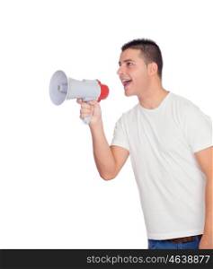 Casual men with a megaphone giving orders isolated on a white background