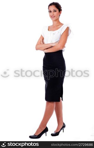 Casual portrait of young business woman with his hands folded on isolated white background