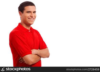 Casual portrait of young man with his hands folded on isolated white background