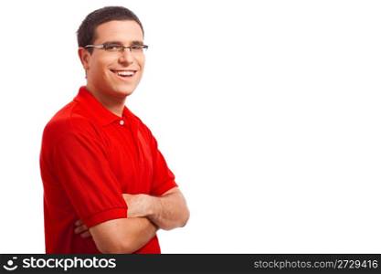 Casual portrait of young men with his hands folded on isolated white background