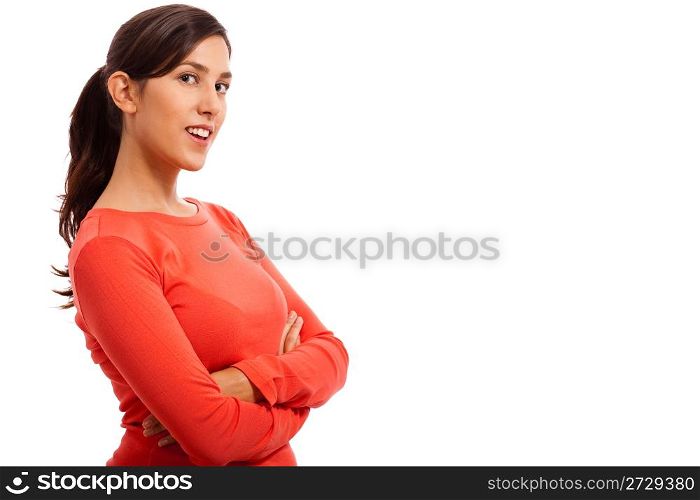 Casual portrait of young woman with his hands folded on isolated white background