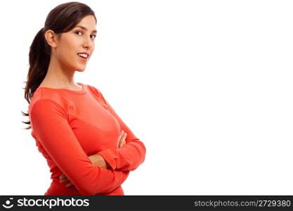 Casual portrait of young woman with his hands folded on isolated white background