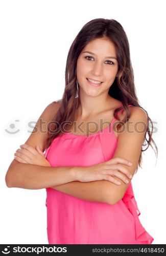 Casual pretty girl in pink isolated on a white background