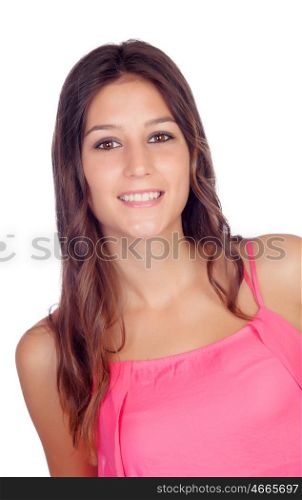 Casual pretty girl in pink isolated on a white background