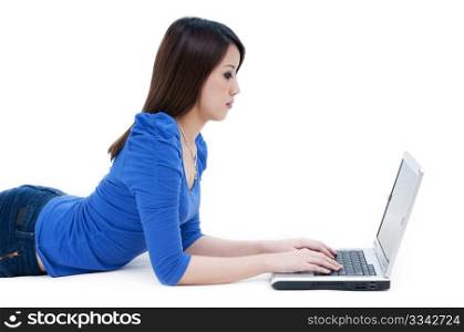 Casual student using laptop over white background