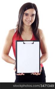 casual teen whit clipboard a over white background