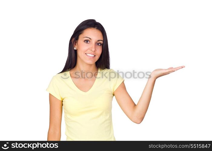Casual Woman Holding an Imaginary Product Isolated on White
