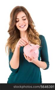 Casual woman looking to save money in a piggy bank