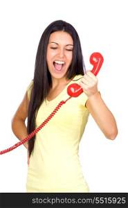 Casual Woman Shouting a Red Phone Isolated on White